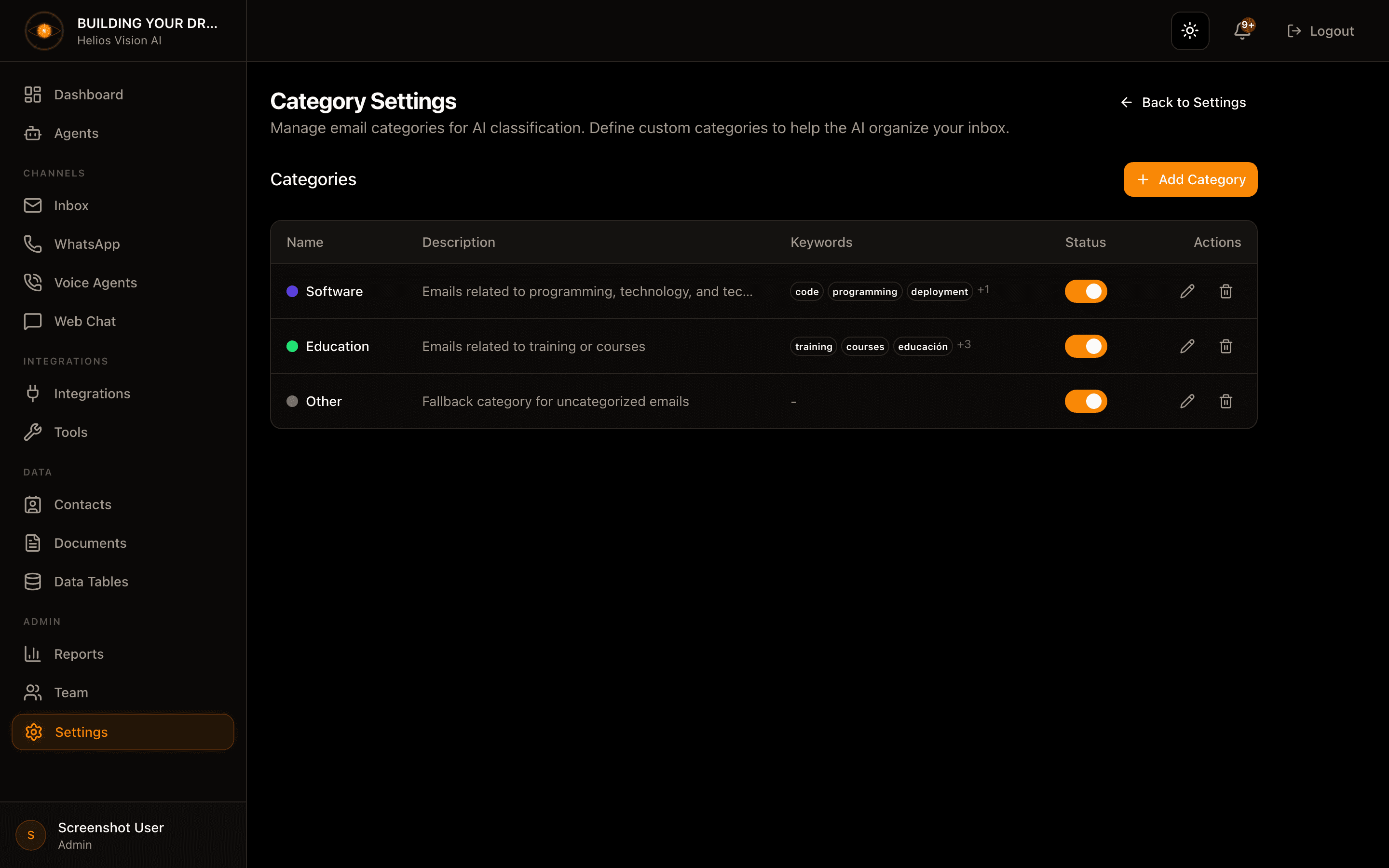 Categories Settings